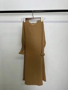 1pc Girls Kids Fuchsia Loose Dress, New Round Neck Ruffle Hem Solid Color Girls Kids Dress, Elastic And Comfortable, Suitable For Daily Outings, Home Wear Girls Arabic Abaya - Pink - View 48