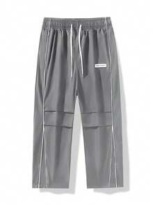 男士休闲直筒裤，褶皱抽绳设计，宽松学院风，适合所有季节 - 灰色 - 查看 2