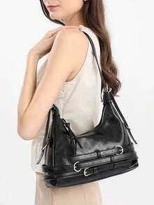 Women Leather Shoulder Bag Vintage Shoulder Bag Punk Handbag - 黑色 - 查看 2