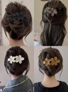 4pcs/1pc 10.5cm/4.13in Black, White, Khaki, Brown Large Flower Plastic Hair Clips, Fashionable, Versatile, Elegant, Minimalist Solid Color Hair Claws, Suitable For Daily Wear, Casual, Party, Commute, Hairstyling, Makeup, Outfit Accessorizing, Vacation Outfits Woman