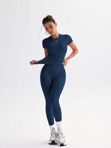 FWH 1. Cute Solid Color Crop Top, Stretchy Fitted Round Neck Sweet Fashionable Versatile Jacket, Elegant High Waist Slim Casual Tummy Control Daily Basic Dancewear Leg Lengthening Butt Lifting Street Running Yoga 2-Piece Set - Navy Blue - View 5