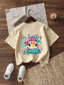 Tween Girl Cute Sea Turtle Printed Round Neck T-Shirt, Summer Top - Apricot - View 3