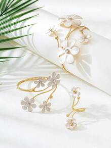 1 Set Fashion Vintage 3D Floral Rhinestone Bangle, Bracelet & Ring Jewelry Set, Elegant Gift For Women