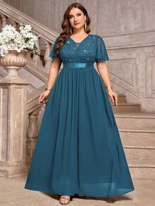 Vestido largo de fiesta formal con cuello en V profundo, encaje con lentejuelas, volantes, manga de malla y contraste de gasa - Neblina azul - Ver 7