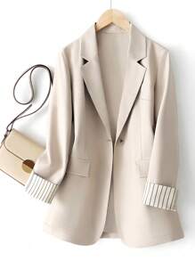 Plus Size Women Casual Commuter Striped Sleeve Colorblock Single Button Long Sleeve Blazer