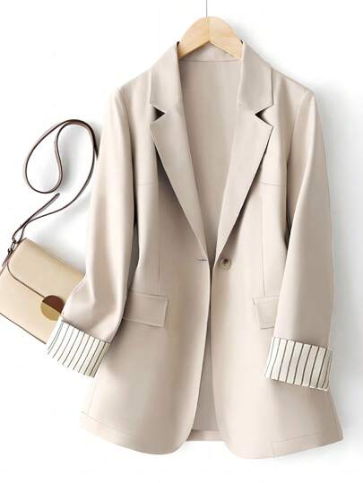 Plus Size Women Casual Commuter Striped Sleeve Colorblock Single Button Long Sleeve Blazer