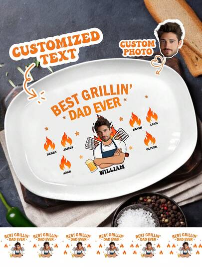 Custom Decorative Plate With Personalized Photo And Names Best Grilling Dad Ever Wall Display For Kitchen Or Living Room Fathers Day Gift For Dad Grandpa Husband From Kids Funny BBQ Themed Keepsake Plate Summer Holiday Gift For Him Birthday Present Home Decor Idea For Men Grill Master Dad Ornament,Christmas Gift Supplies,Home Decor Living Room