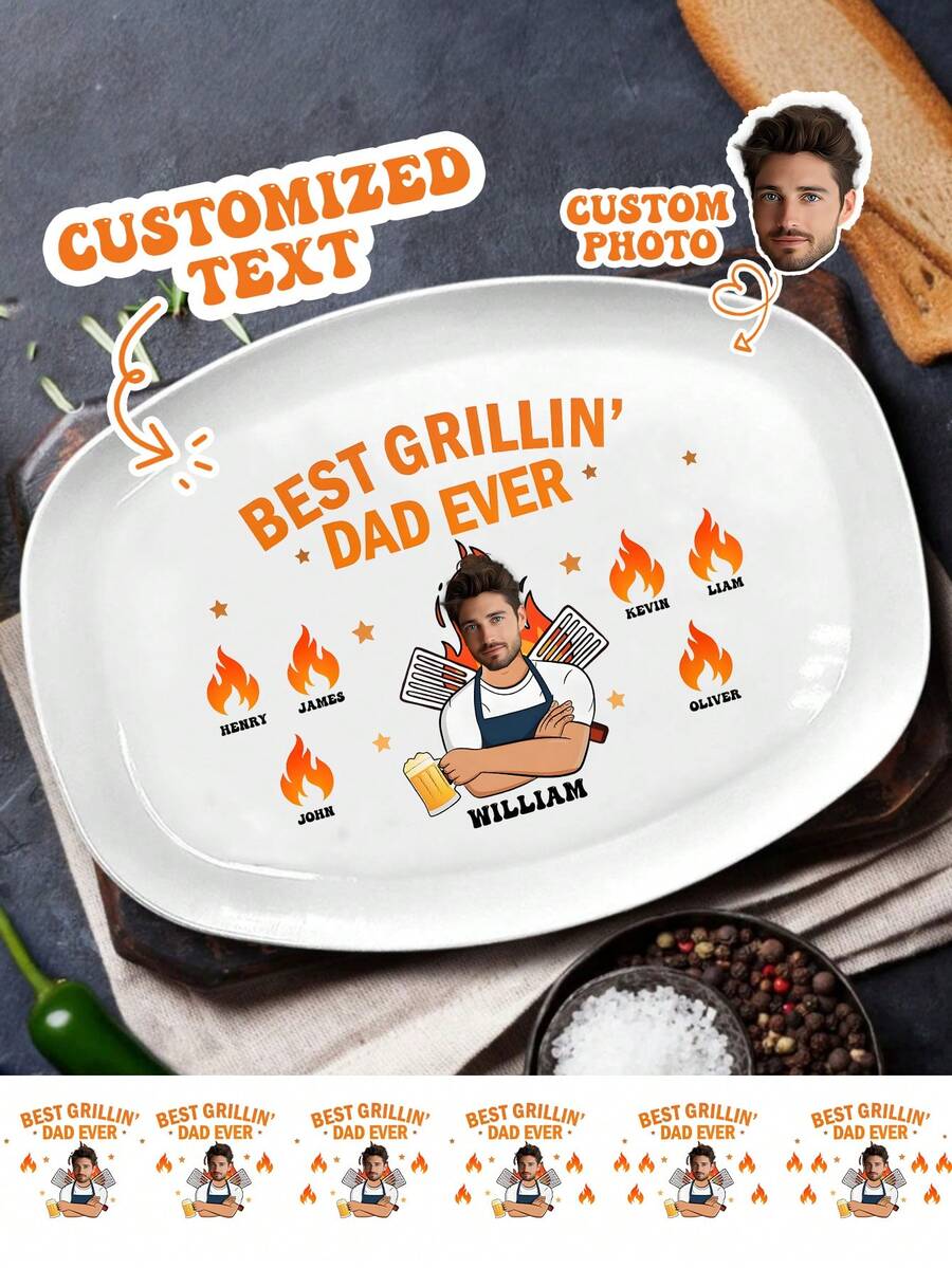 Personalized BBQ Serving Platter With Photo And Names, Best Grilling Dad Ever, Fathers Day Gift For Dad Grandpa Husband, Funny BBQ Keepsake Plate, Wall Decor For Kitchen, Summer Holiday Gift For Him, Birthday Present, Home Decor, Outdoor Dining - Multicolor - View 1