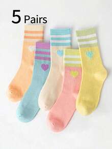 5 双女童纯色条纹心形图案长筒袜，韩版休闲运动中筒袜，舒适透气幼儿长袜，适合春秋季