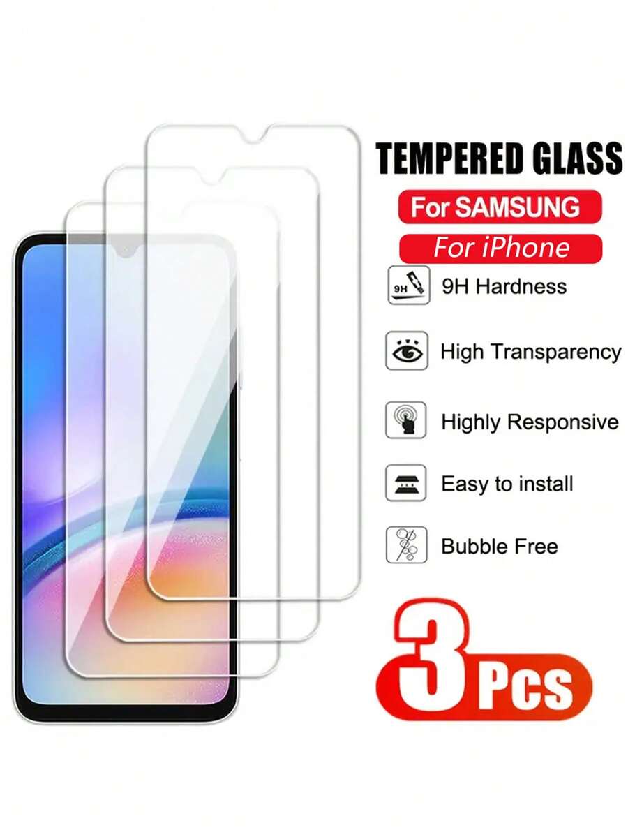 3 Packs Tempered Glass Screen Protector, Touch Sensitive, Shatterproof, Anti-Fingerprint, Anti-Bubble, Scratch-Resistant, Transparent, Suitable For Galaxy A51 A52 A52S A53 A54 A55 5G/4G, Galaxy S20 FE A12 A13 A14 A15 A16 5G Protective Film, Compatible With IPhone16 Pro Max HD Screen Protector, Mobile Phone Accessories, Protective Case Gift For Birthday, Family, Friends Phone Screen Protector - Clear - View 1