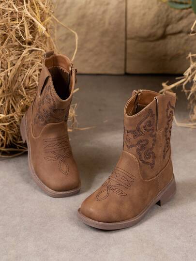 1 Par de Botas clásicas bordadas de moda para niñas, todo el año, uso diario y vacacional, tacón bajo hasta el tobillo