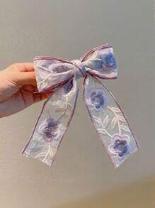 1pc Cute Sweet Floral Embroidery Bow Ribbon Hair Clip, Suitable For Daily Wear, A Gift For Girlfriends, Hair Accessory, Summer Accessories, Travel, Claw Clips, Clips For Hair, Hair Slide, Hair Claws
