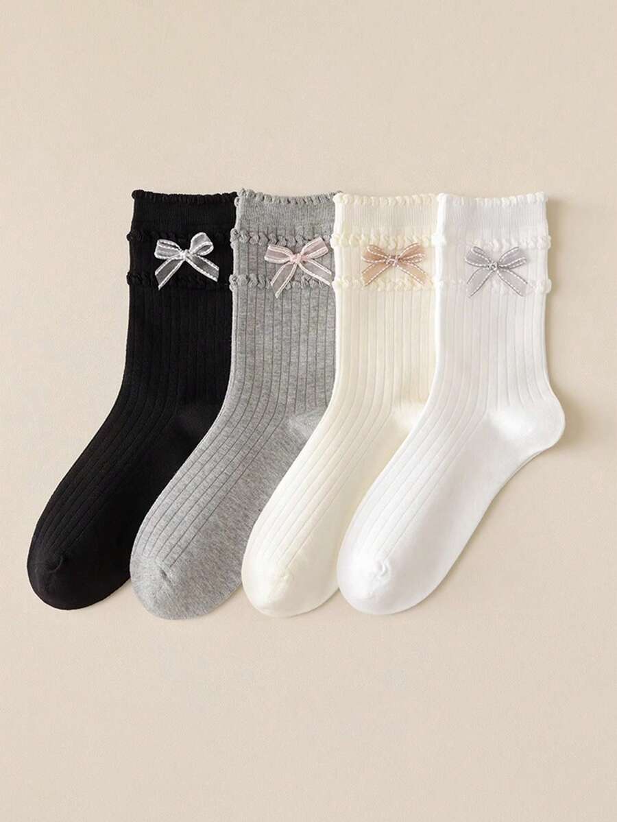 1双/4双洛丽塔蝴蝶蕾丝边薄款中筒袜，甜美日系风格，秋季女士