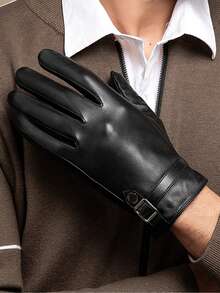 1 Pair Solid Color Casual PU Leather Men's Full Finger Touchscreen Gloves, Faux Sheepskin Faux Leather PU Gloves For Outdoor Sports Cycling, Windproof Waterproof Warm Autumn Outfits