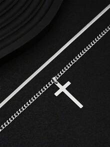 2 件不锈钢十字架和几何吊坠项链套装，时尚百搭街头风格，特别的生日礼物 - 銀色 - 查看 6