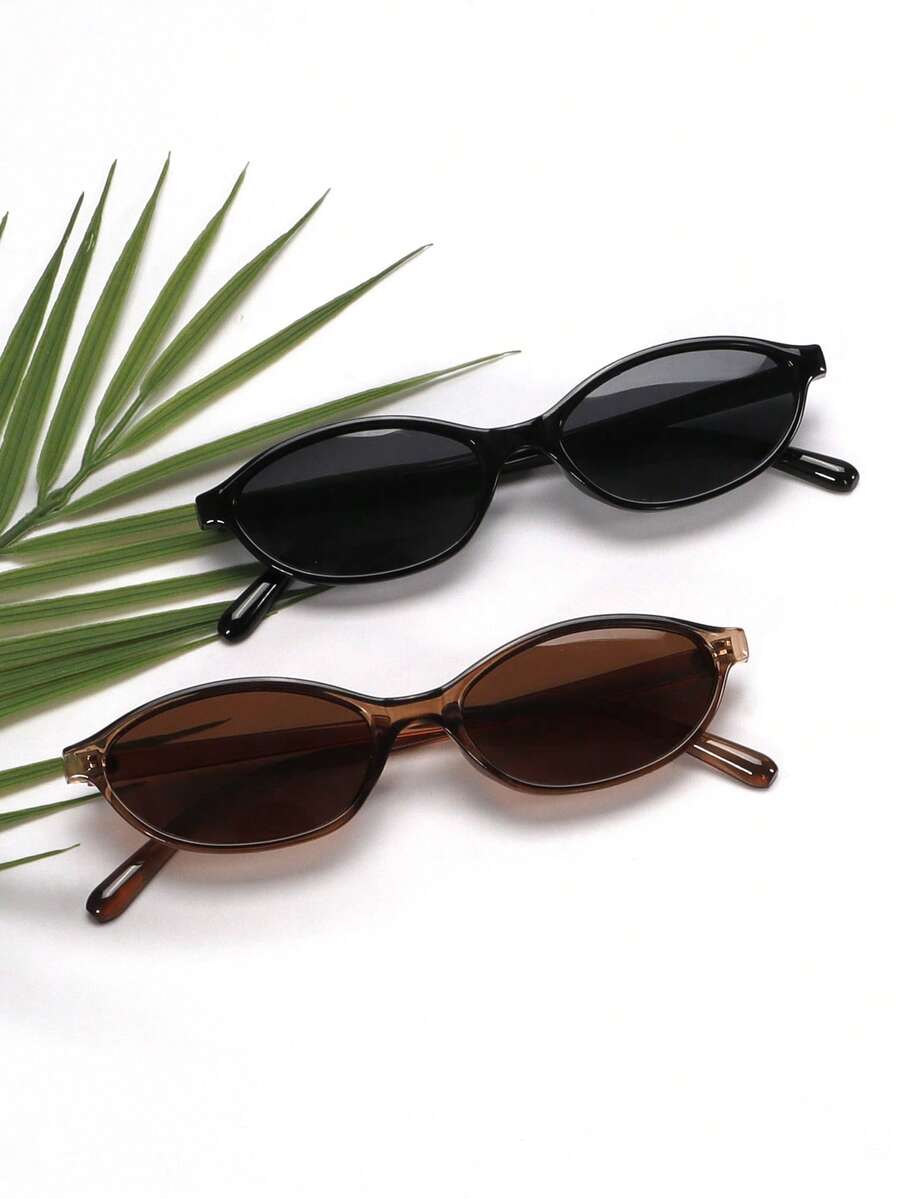 2pcs Fashion Small Frame Oval Fashion Glasses Personalized Versatile Vintage Women's Glasses Summer Travel Holiday Beach Accessories Back To School Preppy School Look - 2pcs(黑色+茶色) - 查看 1