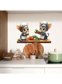 Kitchen Stickers/Decorative Stickers Cartoon Kitten Chef Stickers Waterproof And Dustproof Stickers, 1 Piece Pvc Material Removable Wear-Resistant Stickers, Wall Stickers 19.7*11.8 Inches, Suitable For Kitchen Decoration, Wall Decoration, Restaurant Decoration, Interesting Birthday Gifts, Graduation Gifts, Make Your Home A New Look