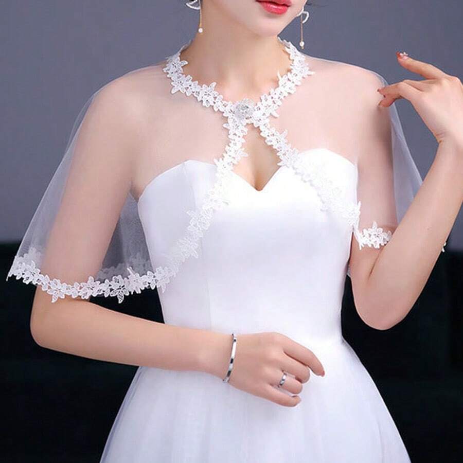 春夏婚礼新娘蕾丝披肩外套,白色修身伴娘旗袍披肩,薄款斗篷夹克可爱新娘背心秋装女士 - 白色 - 查看 1