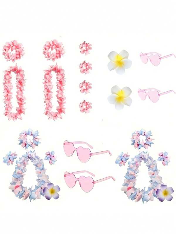 12 piezas de Leis de flores hawaianas, decoraciones de fiesta de playa casual hawaiana que incluyen collares, diademas, pulseras y gafas con forma de corazón, vestido de estilo hawaiano para fiesta de adultos, suministros para Halloween