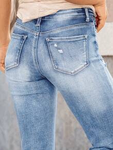 New Women's Fashion Stretch Ripped Slim Fit Jeans With Pockets - Elastic Straight Leg Denim Pants - Light Wash - View 6