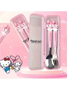 Sanrio (Authorized) Sanrio 2 Pieces Cute Cartoon Stainless Steel Portable Tableware Set, Children's Tableware, Student Outdoor Travel Spoon And Fork 2 Pieces Set, Suitable For Various Scenarios And Suitable For Various Festival Gifts(The Cutlery Box Can Be Disassembled Or Non Disassembled And Randomly Distributed),School Supplies