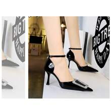 Ladies At The Banquet, High-Heeled Sandals, Shallow Toe, Pointed Toe, Hollowed-Out One-Line Sandals With Metal Rhinestone Buckles, Hollow Sandals