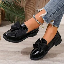 女士时尚蝴蝶结装饰乐福鞋 - 透气天鹅绒一脚蹬鞋，厚底适合所有季节