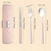 1pc Portable Bowknot Design Cutlery Set - 3pcs Stainless Steel Utensils With Plastic Handles, Including Spoon, Fork, Chopsticks And Storage Box - Stylish Travel Cutlery Set