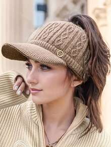 1 件冬季女士针织帽，弹力马尾棒球帽，带护耳，厚保暖内衬弹力帽，无羽毛，可手洗涤纶棒球帽 - 彩色 - 查看 3