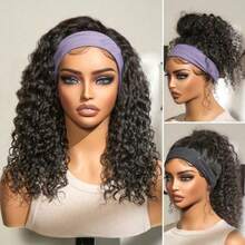 Curly Headband Wig Human Hair Deep Wave 30 Inch Human Hair Headband Wig Curly Hair Wig With Headband Attached No Lace Front Wig Human Hair Wigs None Lace Front Wigs Human Hair For Women Human Hair Natural Color - Natural Black - Xem 1