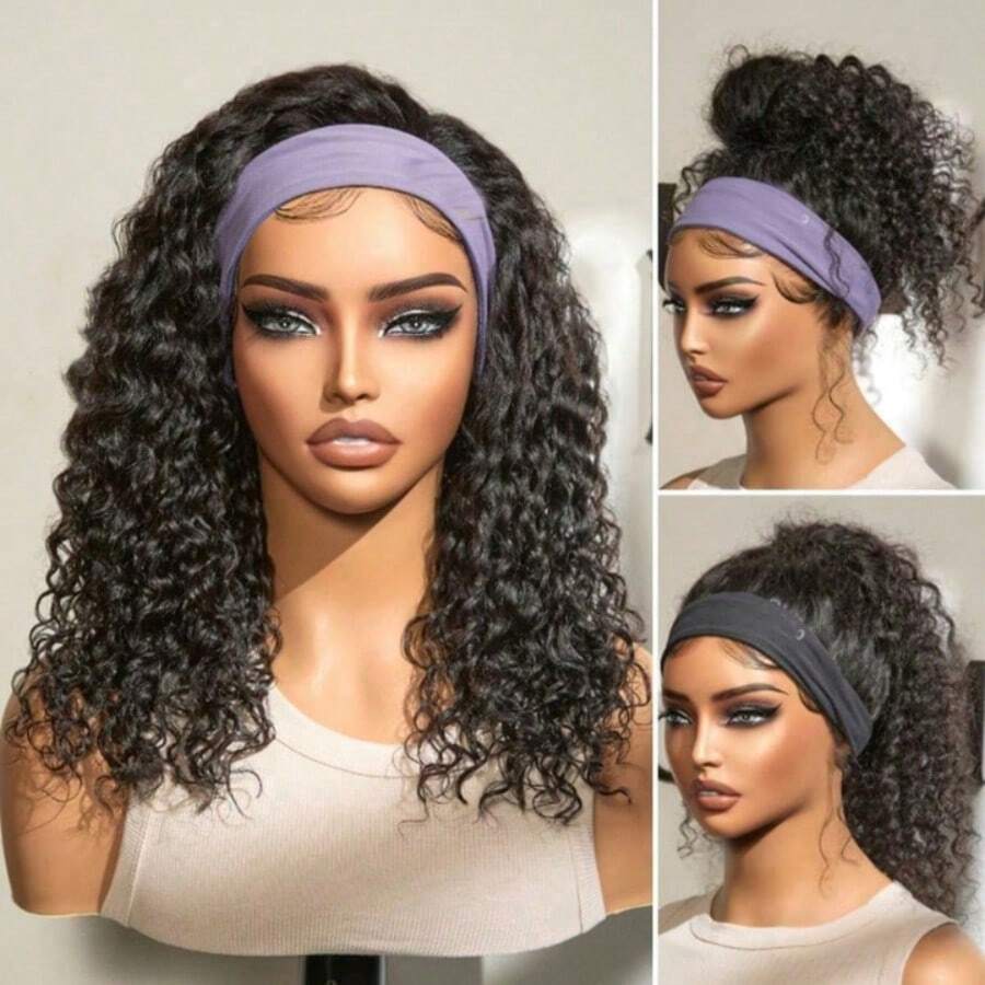 Curly Headband Wig Human Hair Deep Wave 30 Inch Human Hair Headband Wig Curly Hair Wig With Headband Attached No Lace Front Wig Human Hair Wigs None Lace Front Wigs Human Hair For Women Human Hair Natural Color - Natural Black - Xem 1