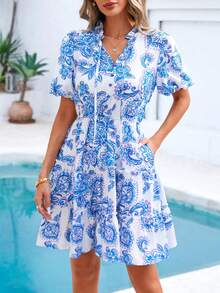 Women Summer Dresses Floral V Neck Short Sleeve Tiered Ruffle Swing Dress A-Line Mini Dresses Boho Hawaii Holiday Beach Dating Night Out Party Club Valentine Short Dress Outfits - 藍色 - 查看 1