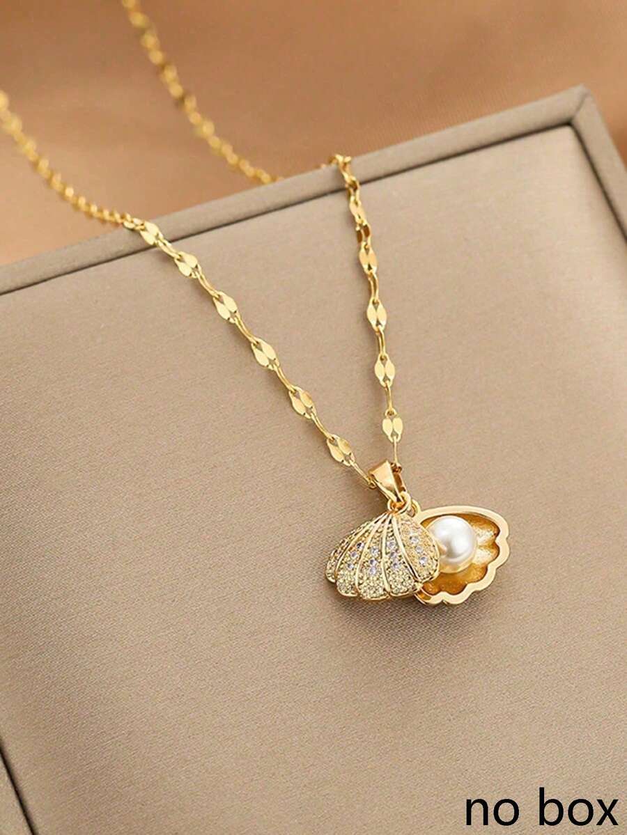 1pc Fashionable Minimalist Micro-Inlaid Zirconia Faux Pearl Shell Necklace