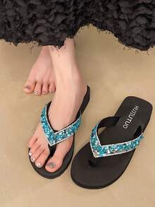 1 paire de tongs à talon compensé avec sequins bohèmes brillants pour femmes, vêtements de plage et d'extérieur pour l'été - Noir - Voir 4