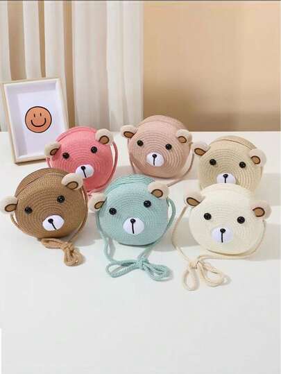 1 chiếc túi đan bằng rơm thoáng khí mùa hè cho trẻ em, thiết kế hình mặt gấu dễ thương, túi xách nhỏ đa năng cho bé gái.
