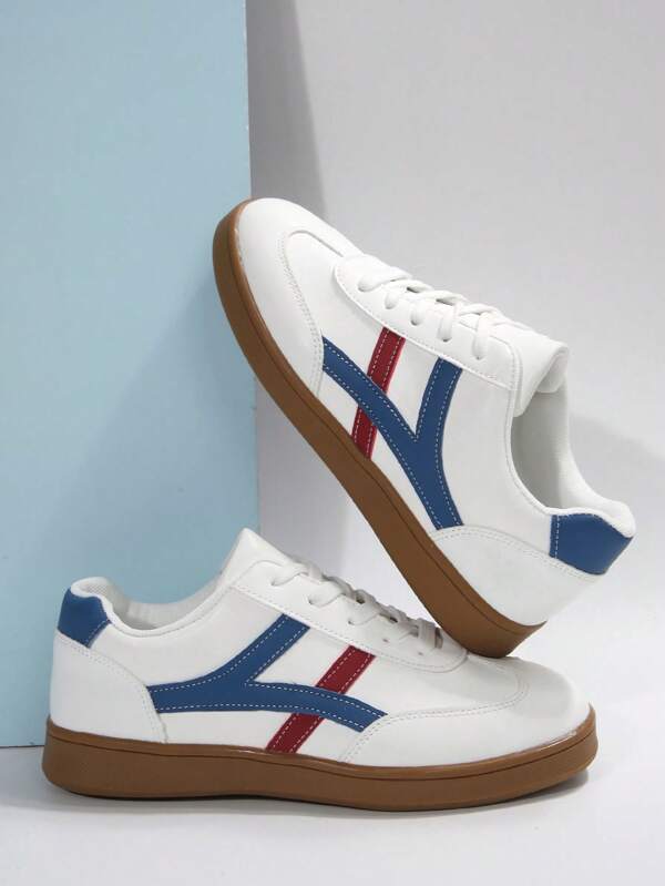 Zapatos deportivos de mujer de moda nueva para primavera y otoño con puntera redonda para uso casual al aire libre, zapatillas deportivas con diseño geométrico de parches y rayas en color rosa, zapatos casuales cómodos y suaves para patinaje