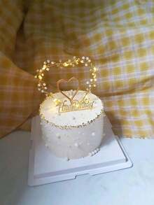 1pc Baking Cake Decoration 520 Golden Iron Heart Shaped Faux Pearl Ornament Flower Wreath Wedding Party Insert Card Valentine's Day - Gold - View 3