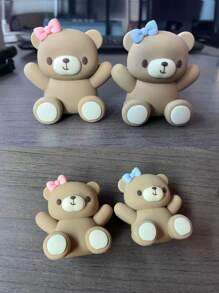 1pc Cute Pink & Blue Bowknot Heart Cartoon Bear Soft Rubber Decor, Suitable For Birthday Cake Party Decoration For Boys And Girls