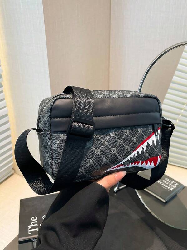 1 buc. Geantă crossbody sport pentru bărbați, model geometric, cu fermoar neted din PU, neagră, cu imprimeu geometric, casual, în carouri, la modă, geantă de tip messenger pătrată mică, design business cu gură de rechin
