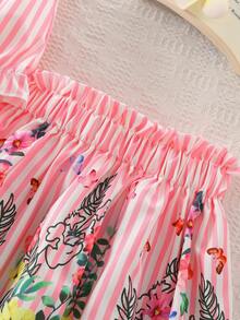 2pcs Young Girls Summer Outfit: Floral & Stripe Print Flutter Sleeve Button Decor Top And Floral Printed + Solid Color Sleeveless A-Line Skirt Set - Pink - View 7