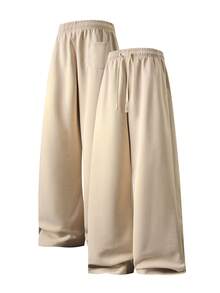 Blueplus 1pc Men's Solid Color Nine-Point Sports Casual Pants, Drawstring Waist, Suitable For Home, Outdoor, Beach, Sports, Fitness, One-Piece Loose Casual Sports Pants, Fashionable Straight Pants - Casual And Comfortable - 卡其色 - 查看 2