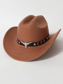 1 件男女通用西部风格牛仔帽，公牛 PU 皮革装饰，复古牛仔帽适合西部派对、酒吧、化装舞会、聚会和日常穿着 - 彩色 - 查看 3