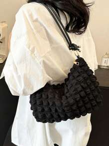 1 pieza Bolso de hombro con plisado tipo burbuja de estilo dulce para mujer, versátil bolso de unicolor para uso diario, pequeña cartera para monedas y bolso de mano para la noche, bolsas de viaje y compras para exterior, morral casual para estudiantes y trabajadores de oficina.