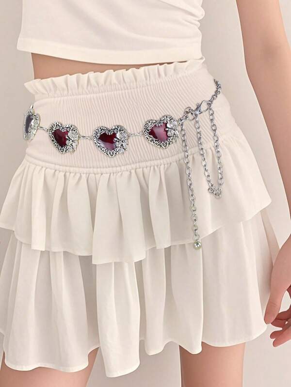 1 Piece Of Women's Red Vintage Heart Carved Heart Metal Waist Chain, Belt Suitable For Jeans, Skirt Multi-Functional Accessory.Summer