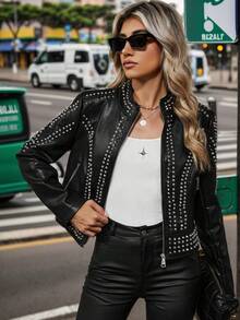Risissida Women's Vintage Short Fringe Faux Leather Jacket With Belt For Fall And Winter Leather Women Jacket - Black - View 3