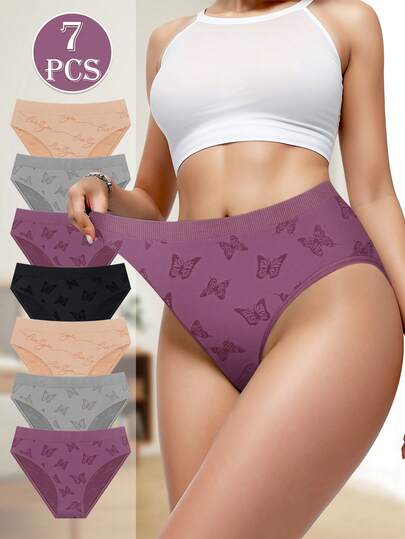 MEIYATING 7pcs Women's Seamless Ribbed Low Waist Fashionable Printed Comfortable Underwear