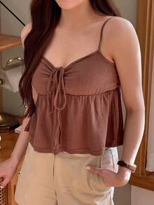 YIU 女士夏季纯色系带荷叶边吊带背心，女装夏季服装 - 咖啡棕 - 查看 7