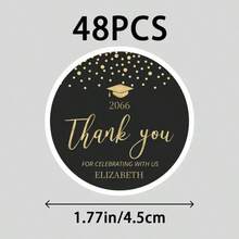 48/96 件定制毕业感谢贴纸 - 个性化姓名和年份设计，优雅的黑色和金色毕业帽主题，耐用的聚丙烯信封标签，用于毕业庆典、毕业派对装饰、庆典配件、精致的排版、高品质印刷，适用于学校用品、返校