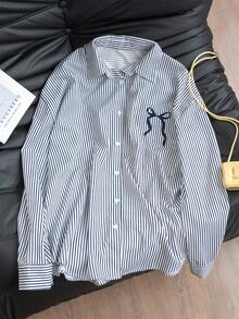 女式蓝白条纹领结衬衫，宽松轻薄长袖衬衫，秋冬 - 藏青色 - 查看 7