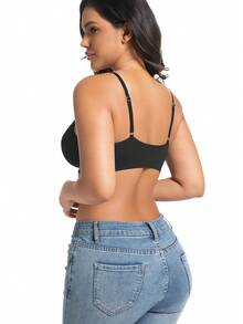 1 pieza Sostén de camiseta con soporte en el busto, cierre con gancho delantero, unicolor, elástico, sin alambres, uso diario. - Negro - Ver 2